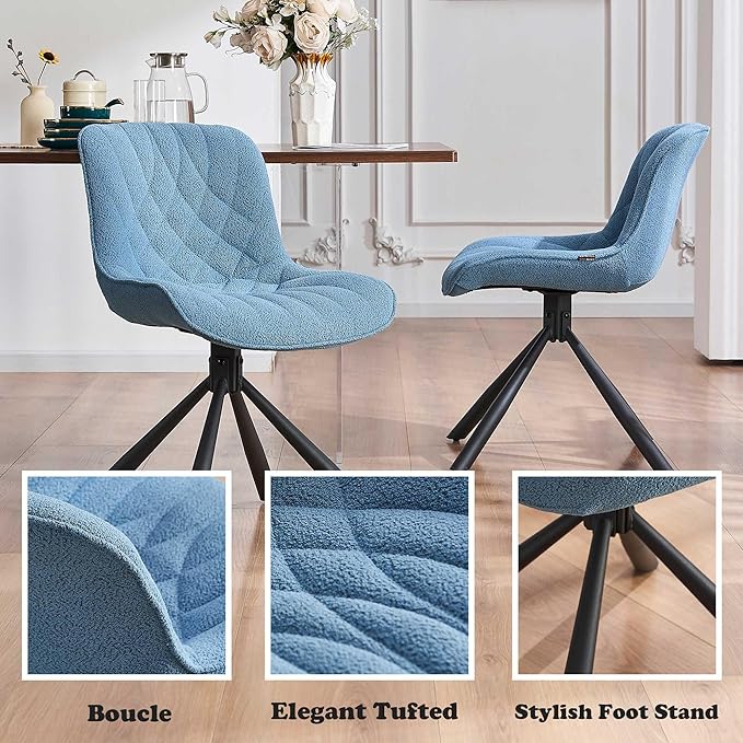 Mid Century Modern Dining Chairs Set of 2, Upholstered Dining Room Chairs with Sturdy Metal Legs, Boucle Armless Accent Side Chairs for Kitchen, Living Room, Lake Blue