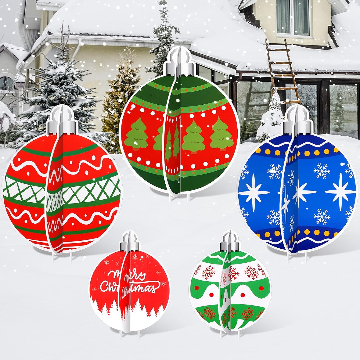 3D Christmas Ball Yard Sign Xmas Tree Lawn Sign with Stakes Christmas Snowflakes Garden Patio Sign