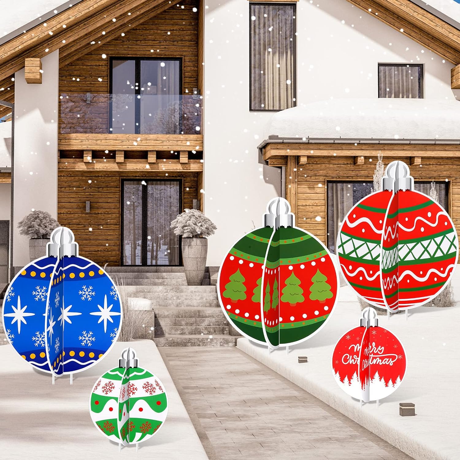 3D Christmas Ball Yard Sign Xmas Tree Lawn Sign with Stakes Christmas Snowflakes Garden Patio Sign