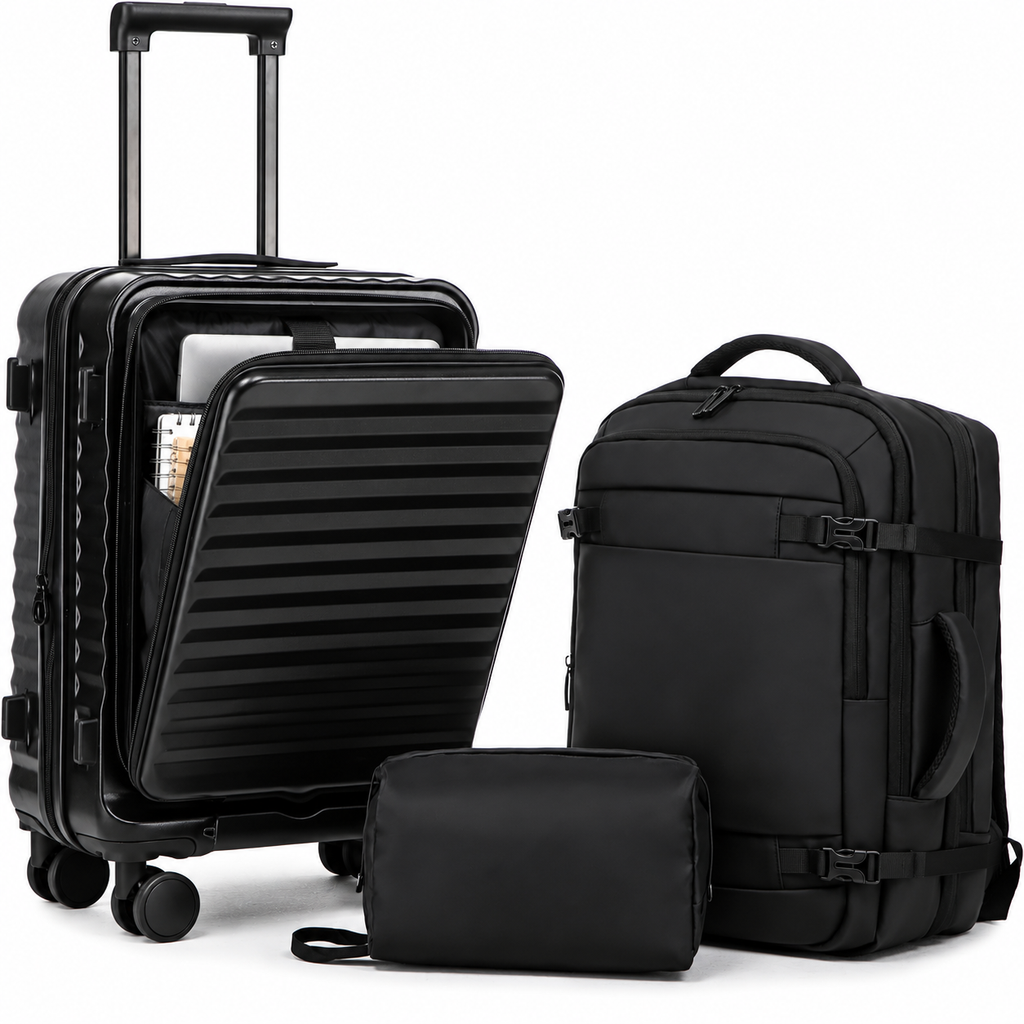 3 Piece Carry On Black Luggage Set, 20 Inch Front Opening Hardside Suitcase, Spinner Wheels, TSA Lock