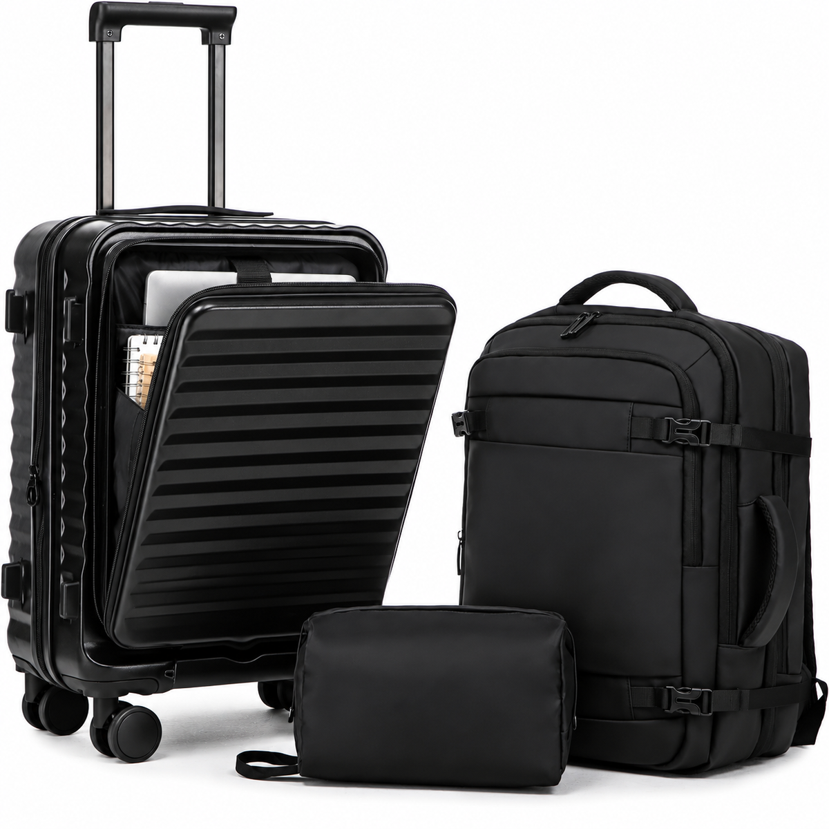 3 Piece Carry On Black Luggage Set, 20 Inch Front Opening Hardside Suitcase, Spinner Wheels, TSA Lock