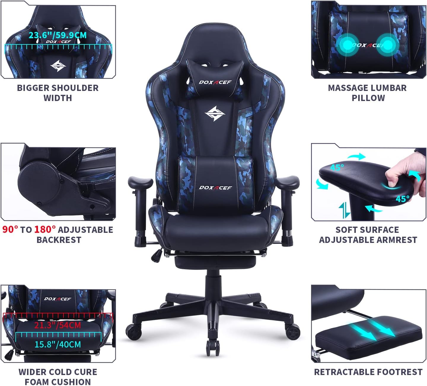 Gaming Chair with Massage and Footrest ( RGB RED, RGB BLACK, WHITE CAMO, BLUE CAMO )