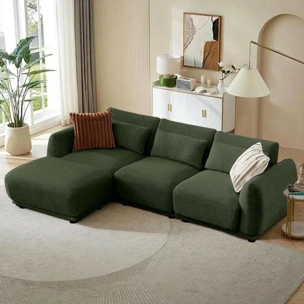 Boucle Sectional Couches for Living Room, L Shape Sofa with Removable Ottoman