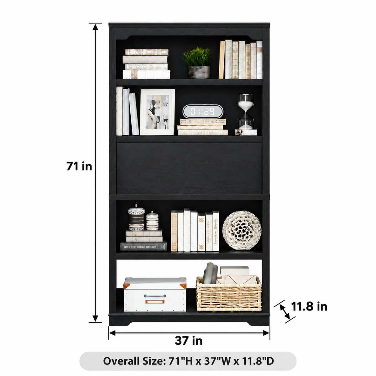 5-Tier Convertible Bookshelf with Flip-Down Desk – 71” Tall Modern Storage Bookcase - Black