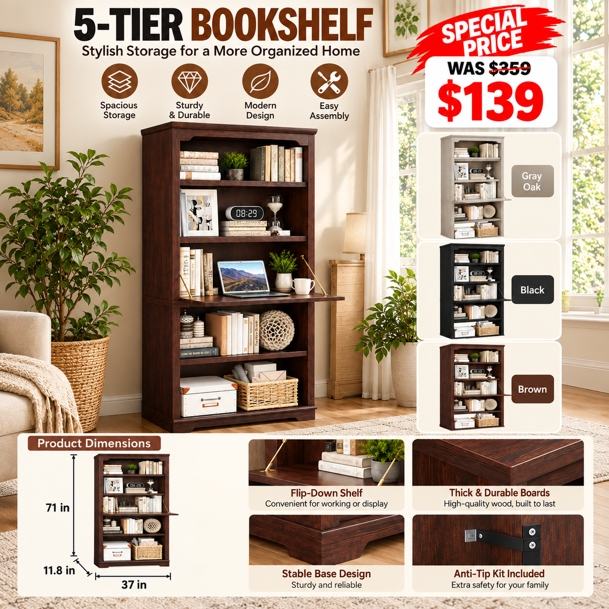 5-Tier Convertible Bookshelf with Flip-Down Desk – 71” Tall Modern Storage Bookcase - Brown