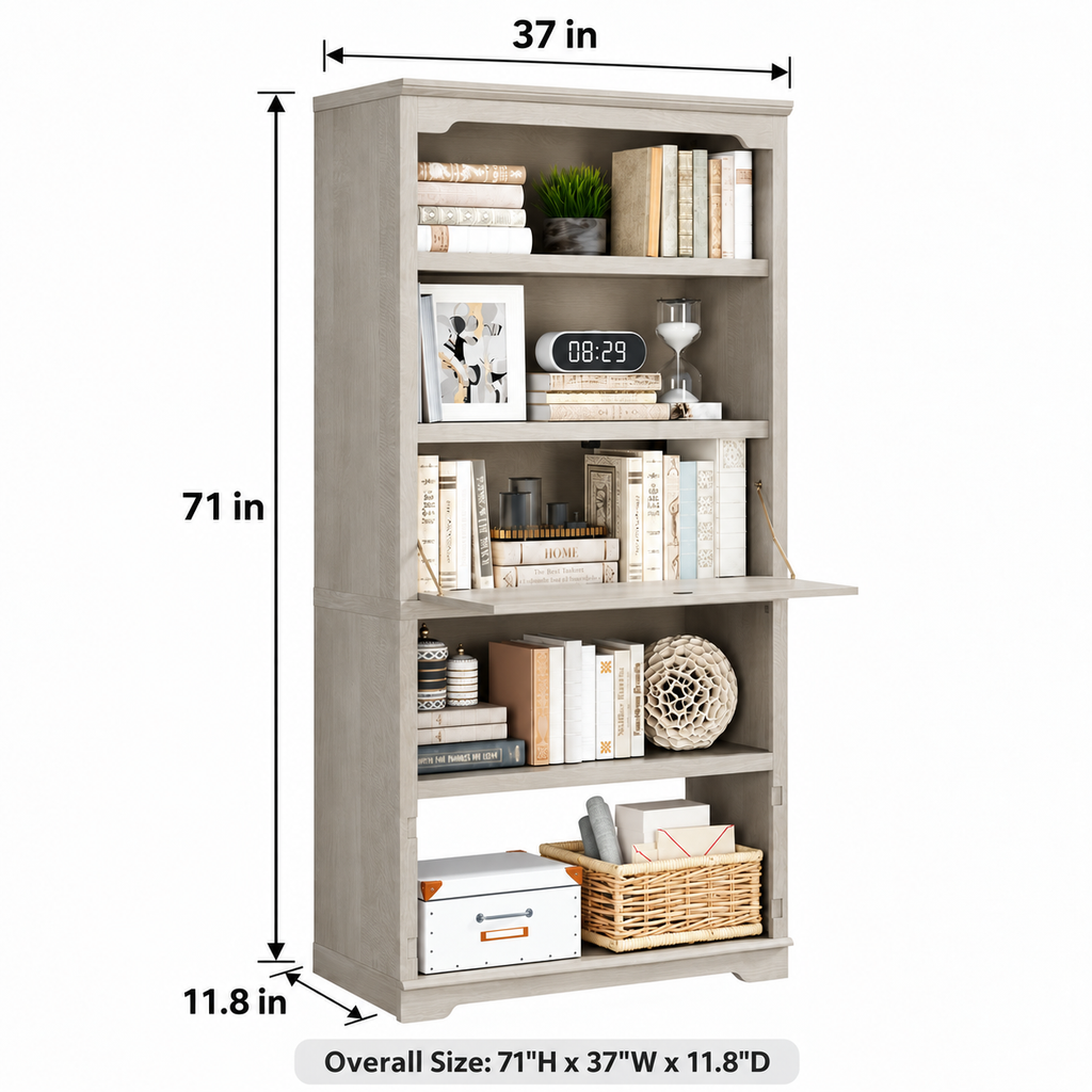 5-Tier Convertible Bookshelf with Flip-Down Desk – 71” Tall Modern Storage Bookcase - Gray Oak