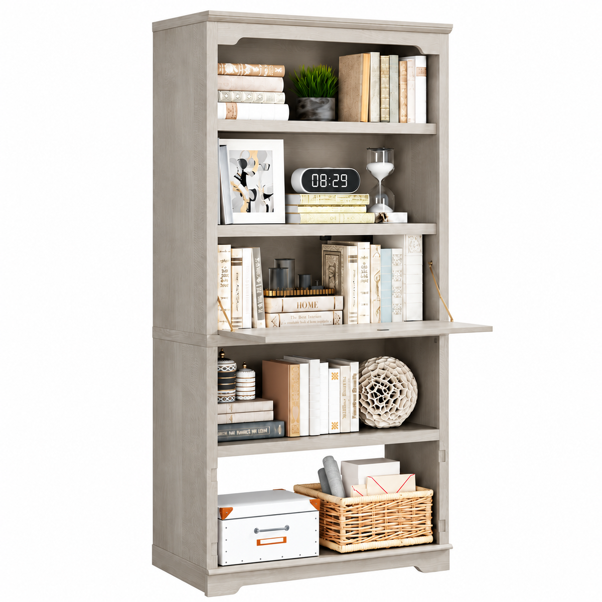 5-Tier Convertible Bookshelf with Flip-Down Desk – 71” Tall Modern Storage Bookcase - Gray Oak