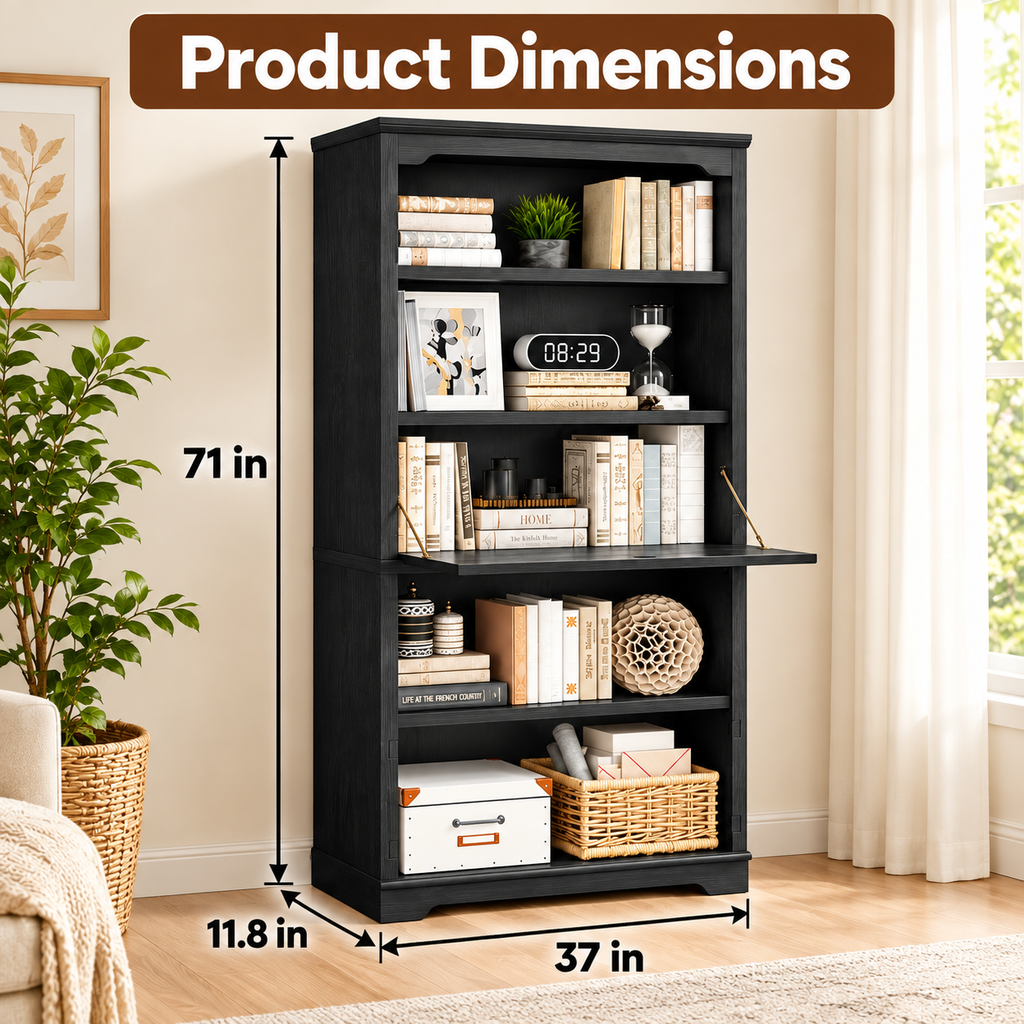 5-Tier Convertible Bookshelf with Flip-Down Desk – 71” Tall Modern Storage Bookcase - Black