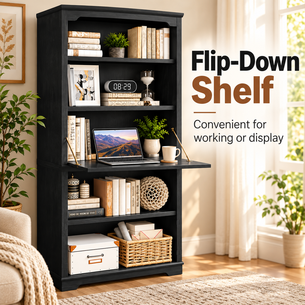 5-Tier Convertible Bookshelf with Flip-Down Desk – 71” Tall Modern Storage Bookcase - Black