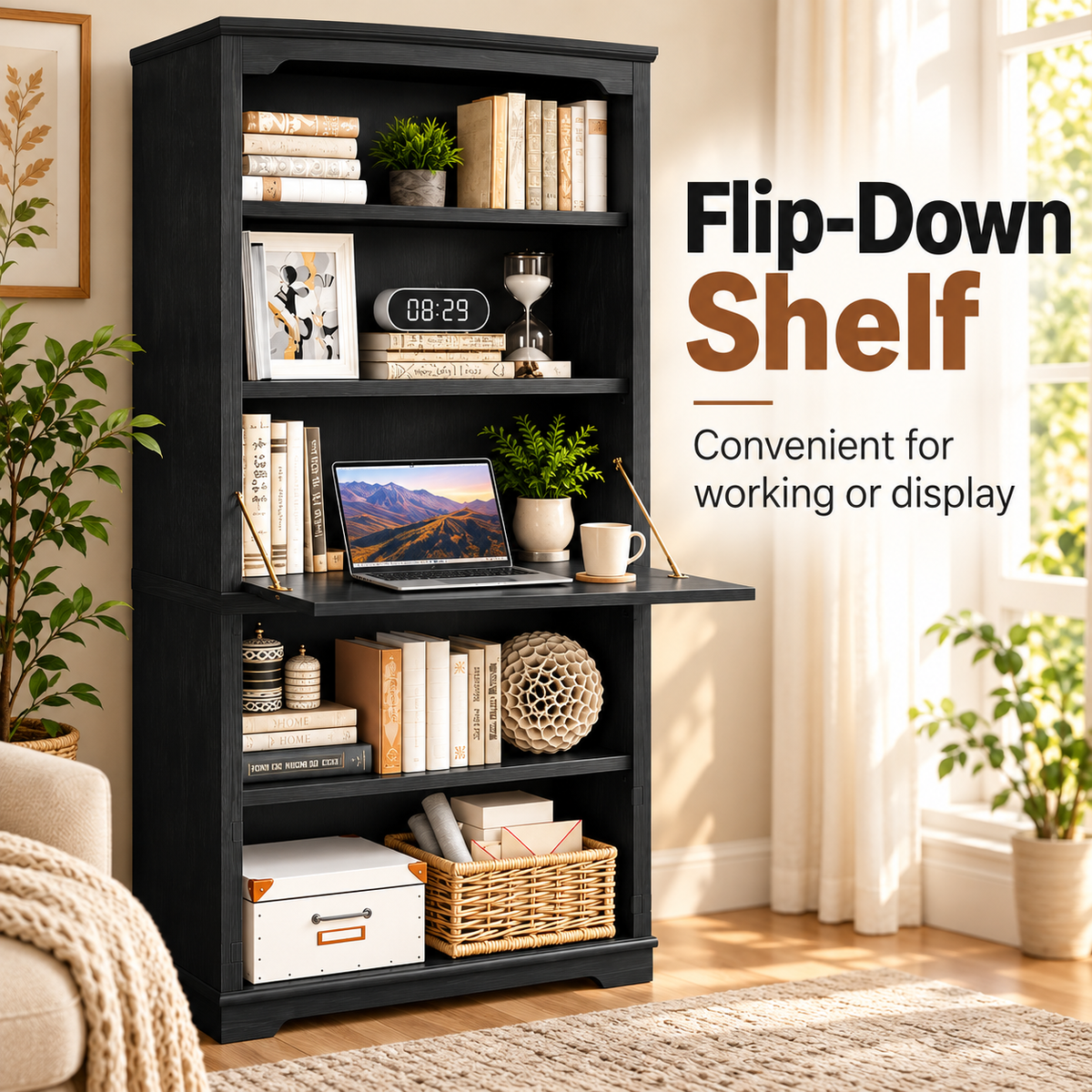 5-Tier Convertible Bookshelf with Flip-Down Desk – 71” Tall Modern Storage Bookcase - Black