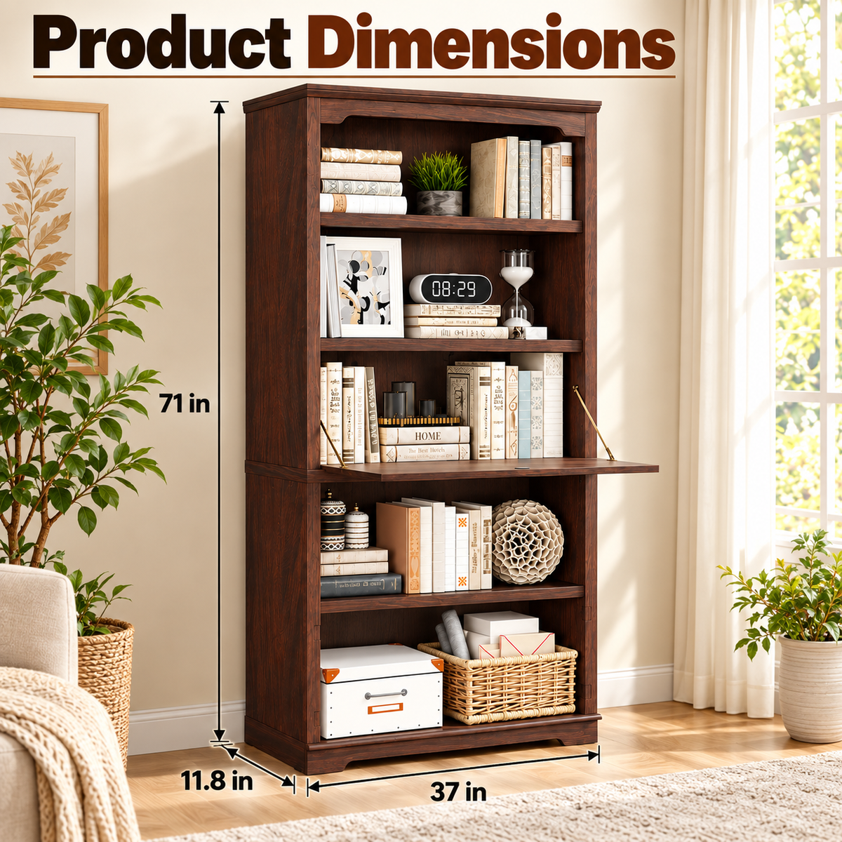 5-Tier Convertible Bookshelf with Flip-Down Desk – 71” Tall Modern Storage Bookcase - Brown