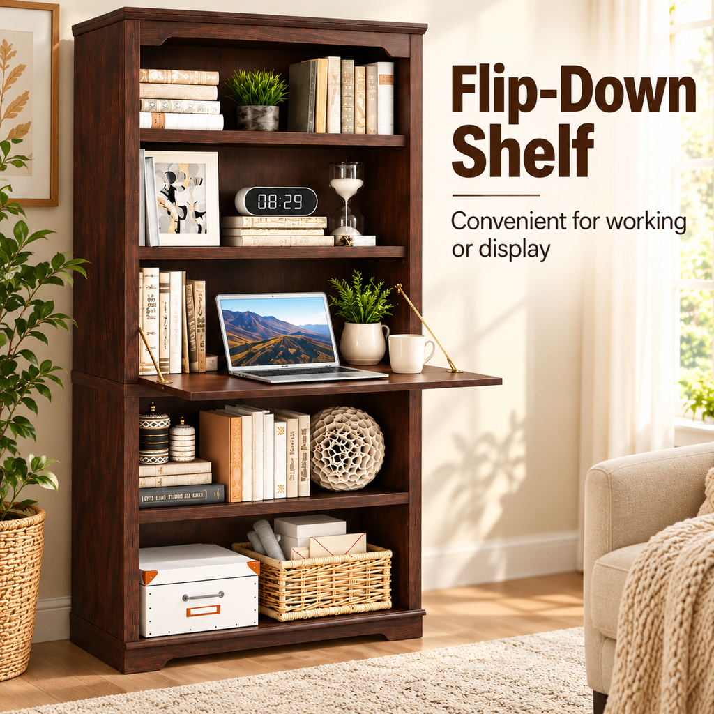 5-Tier Convertible Bookshelf with Flip-Down Desk – 71” Tall Modern Storage Bookcase - Brown