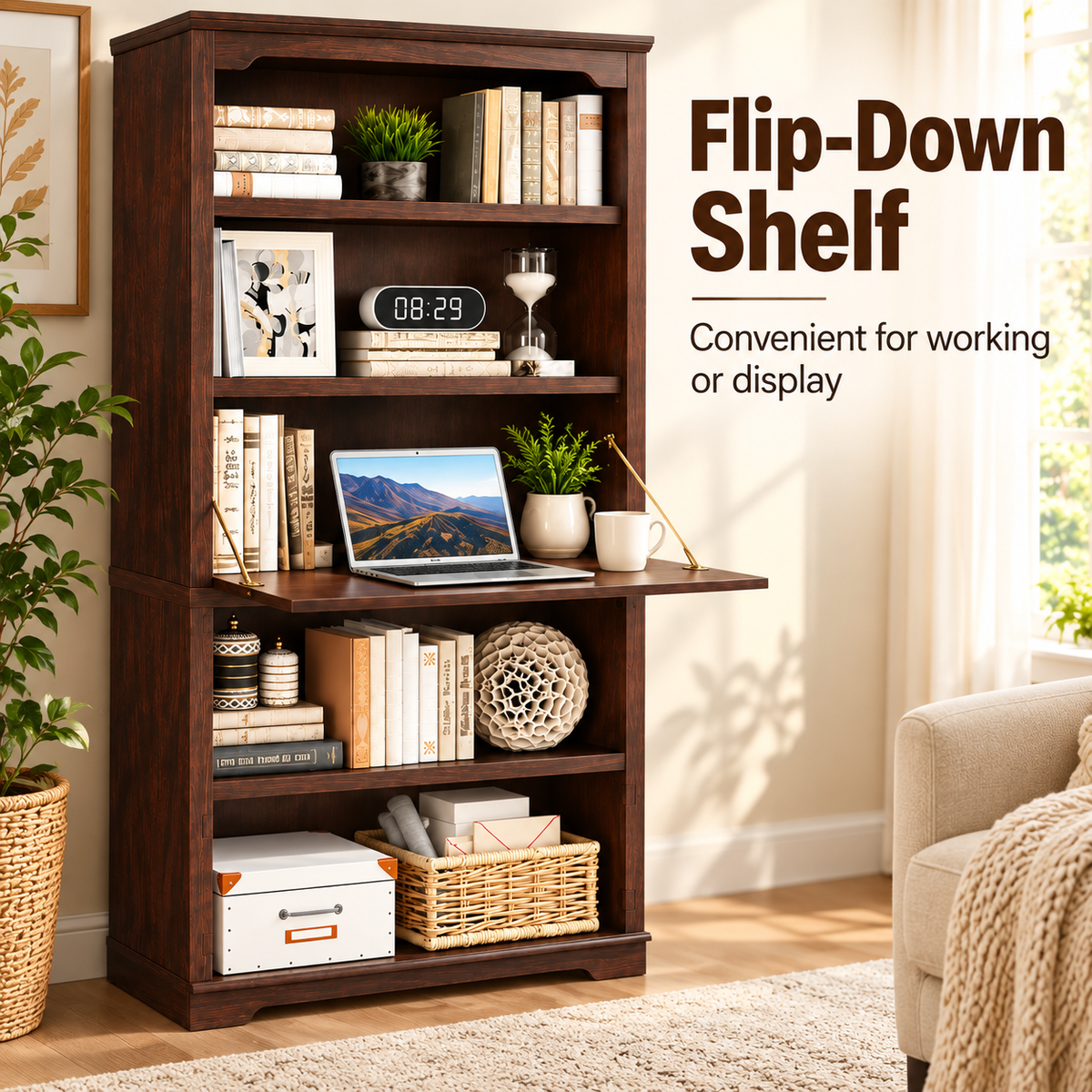 5-Tier Convertible Bookshelf with Flip-Down Desk – 71” Tall Modern Storage Bookcase - Brown