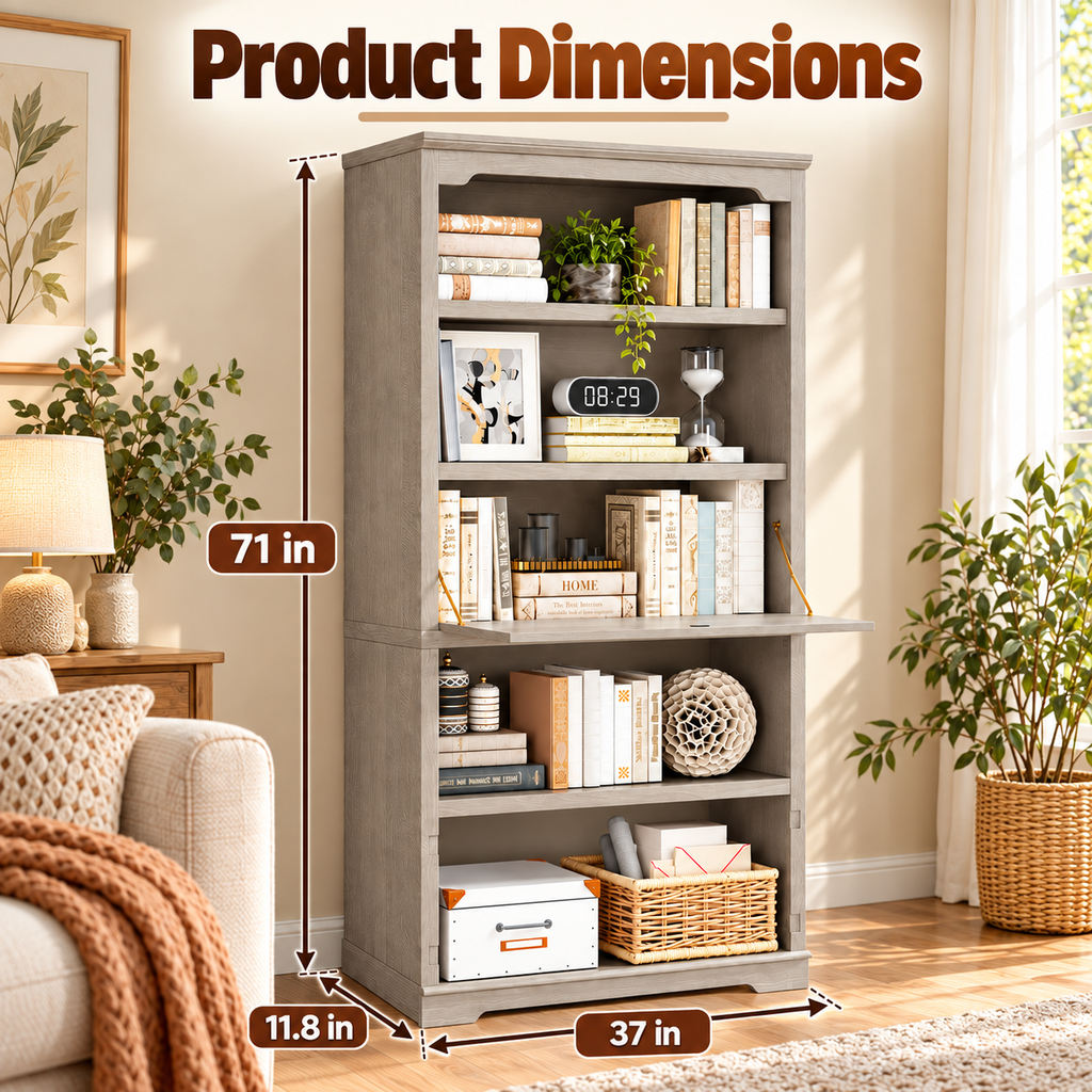 5-Tier Convertible Bookshelf with Flip-Down Desk – 71” Tall Modern Storage Bookcase - Gray Oak
