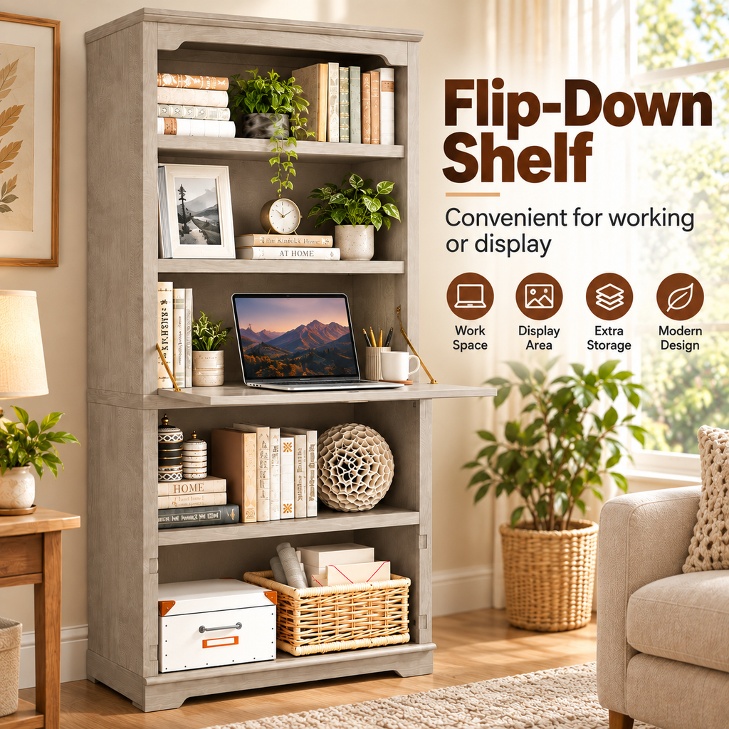 5-Tier Convertible Bookshelf with Flip-Down Desk – 71” Tall Modern Storage Bookcase - Gray Oak
