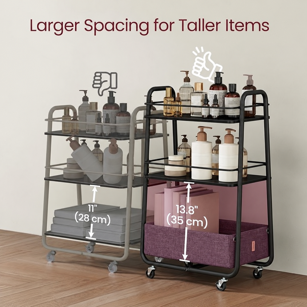 Storage Cart with Fabric Basket, 3-Tier Rolling Utility Cart