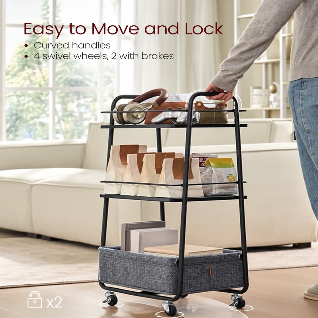 Storage Cart with Fabric Basket, 3-Tier Rolling Utility Cart