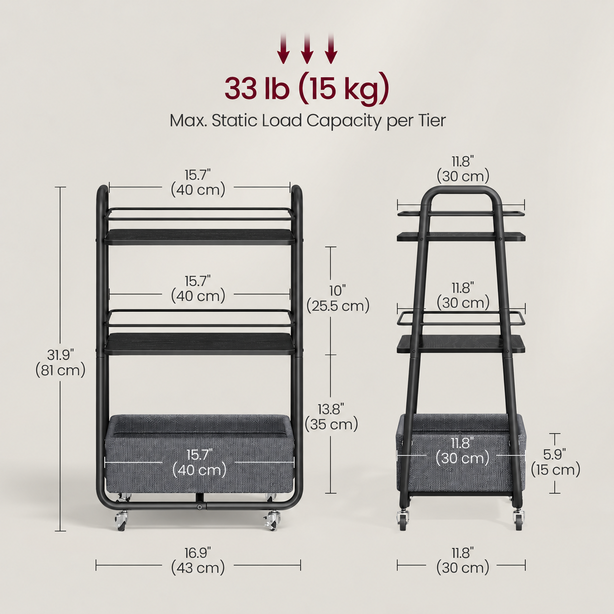 Storage Cart with Fabric Basket, 3-Tier Rolling Utility Cart
