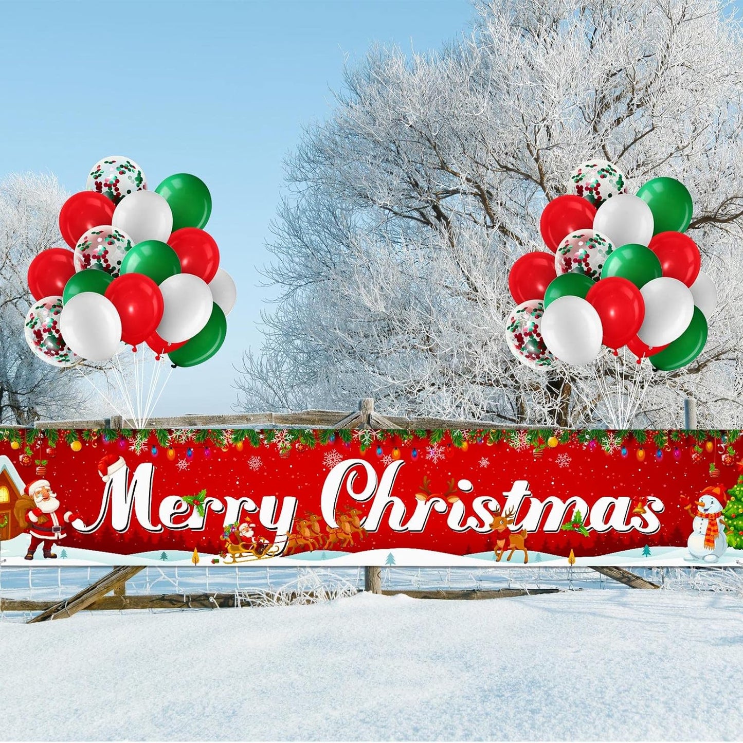 Christmas Banner Decoration Set Merry Christmas Fence Banner with 35 Pieces Latex Balloons 8.2 x 1.5 Ft