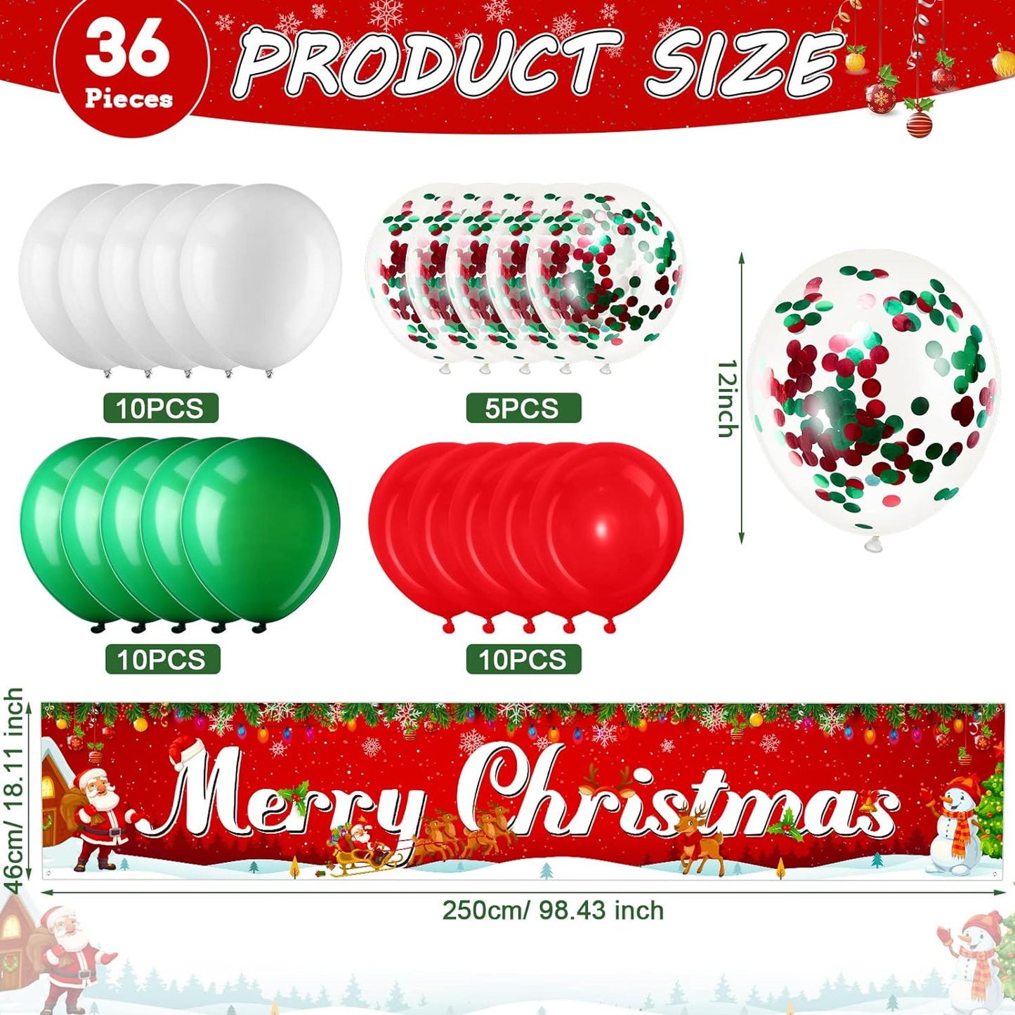 Christmas Banner Decoration Set Merry Christmas Fence Banner with 35 Pieces Latex Balloons 8.2 x 1.5 Ft