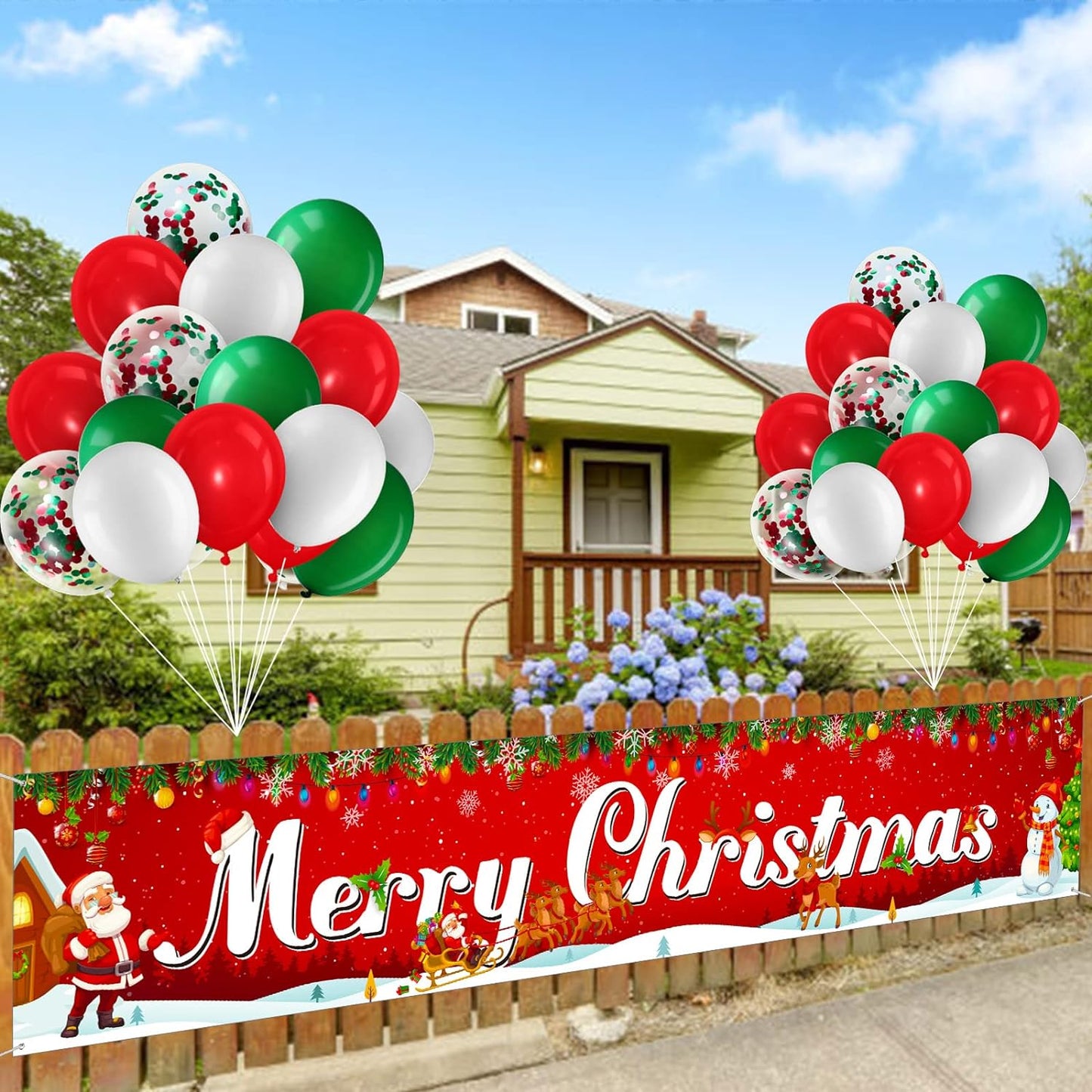 Christmas Banner Decoration Set Merry Christmas Fence Banner with 35 Pieces Latex Balloons 8.2 x 1.5 Ft