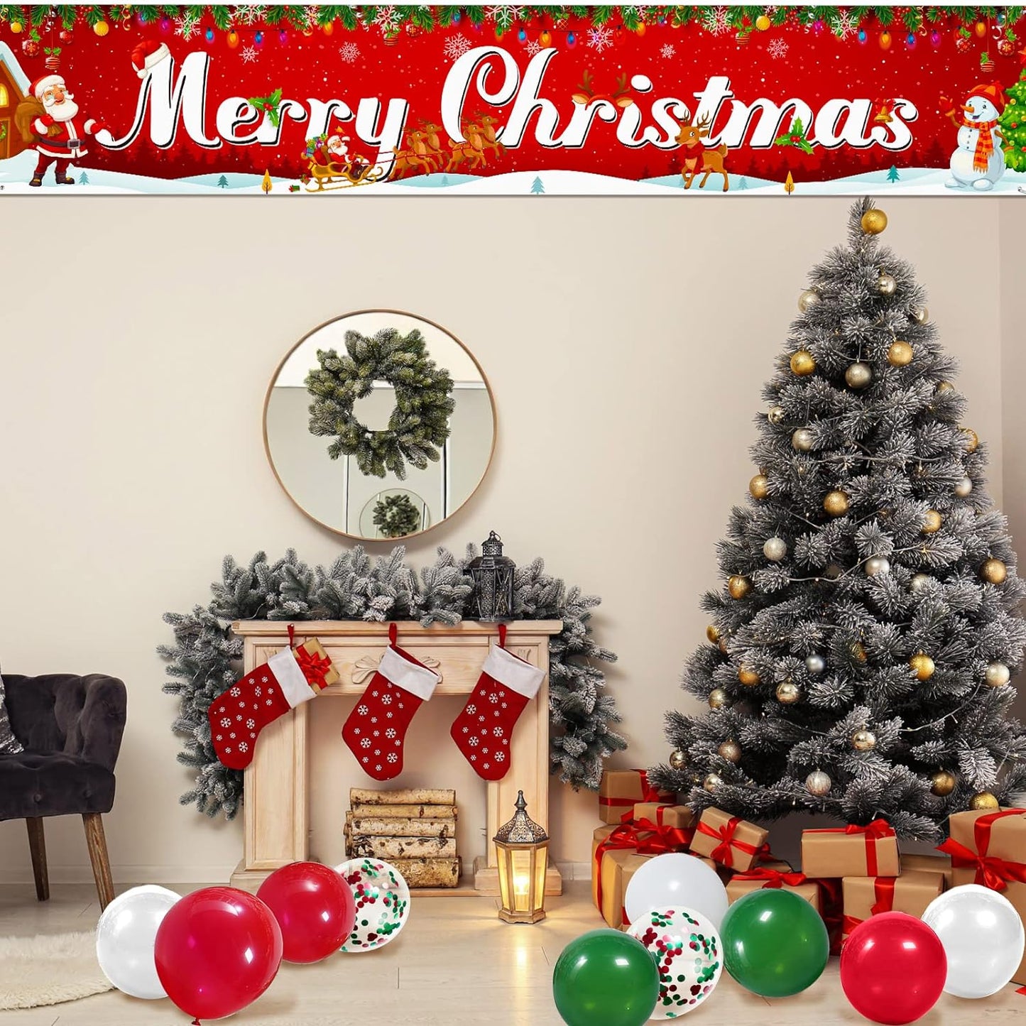 Christmas Banner Decoration Set Merry Christmas Fence Banner with 35 Pieces Latex Balloons 8.2 x 1.5 Ft