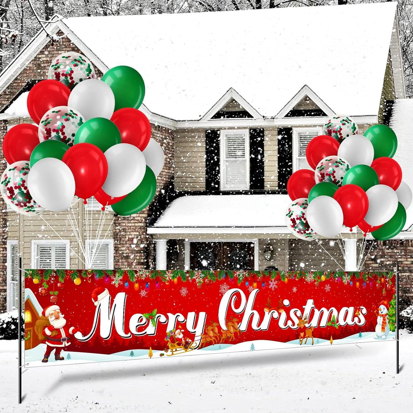 Christmas Banner Decoration Set Merry Christmas Fence Banner with 35 Pieces Latex Balloons 8.2 x 1.5 Ft