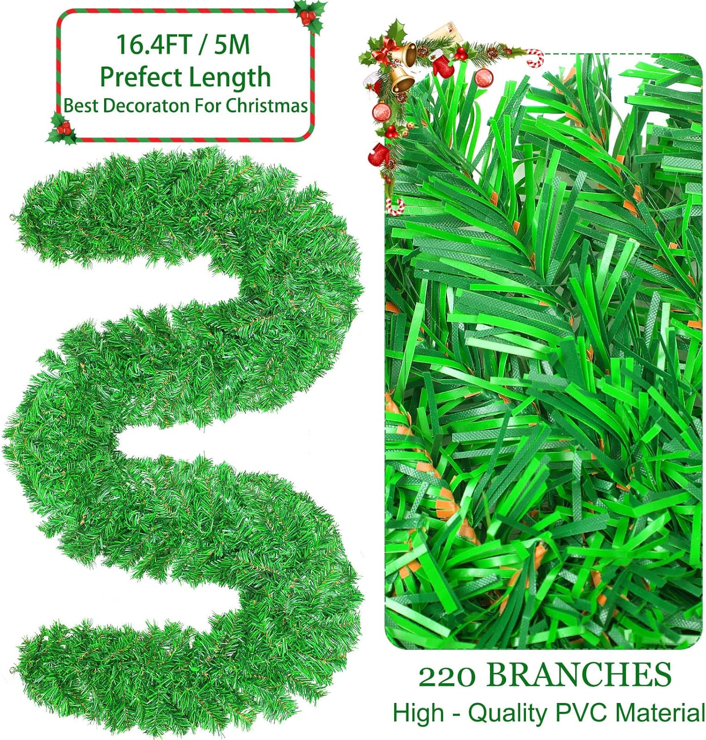 16.4Ft Artificial Christmas Garland Suitable for Christmas Decorations Green Non-Lit Holiday Decor for Outdoor Or Indoor