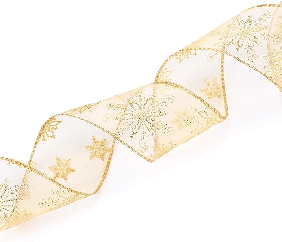 2.5 Inch Wide Christmas Wired Ribbon Snowflake Organza Sheer Glitter Ribbon for Tree, Wreath Gold