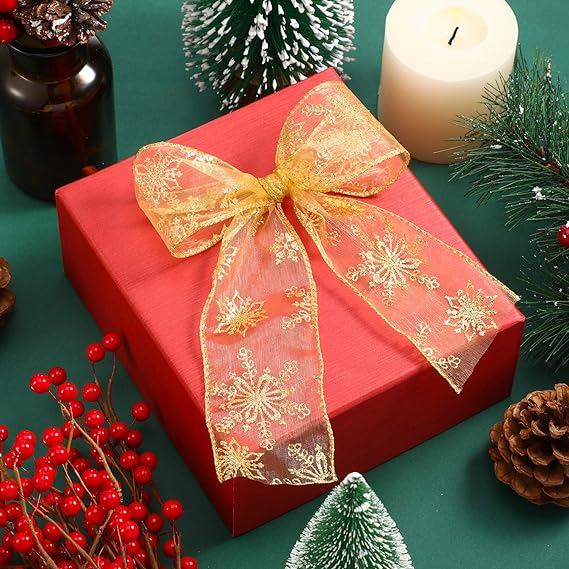 2.5 Inch Wide Christmas Wired Ribbon Snowflake Organza Sheer Glitter Ribbon for Tree, Wreath Gold