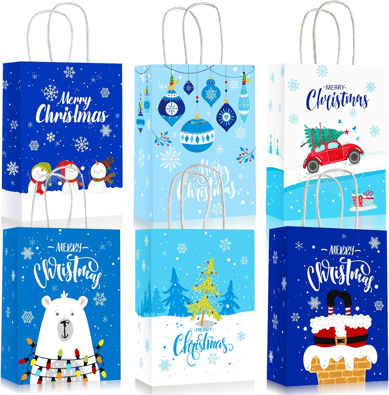 24 Pieces  Christmas Gift Bags with Handles Snowman Snowflake Christmas Tree Goody Treat Paper Bags