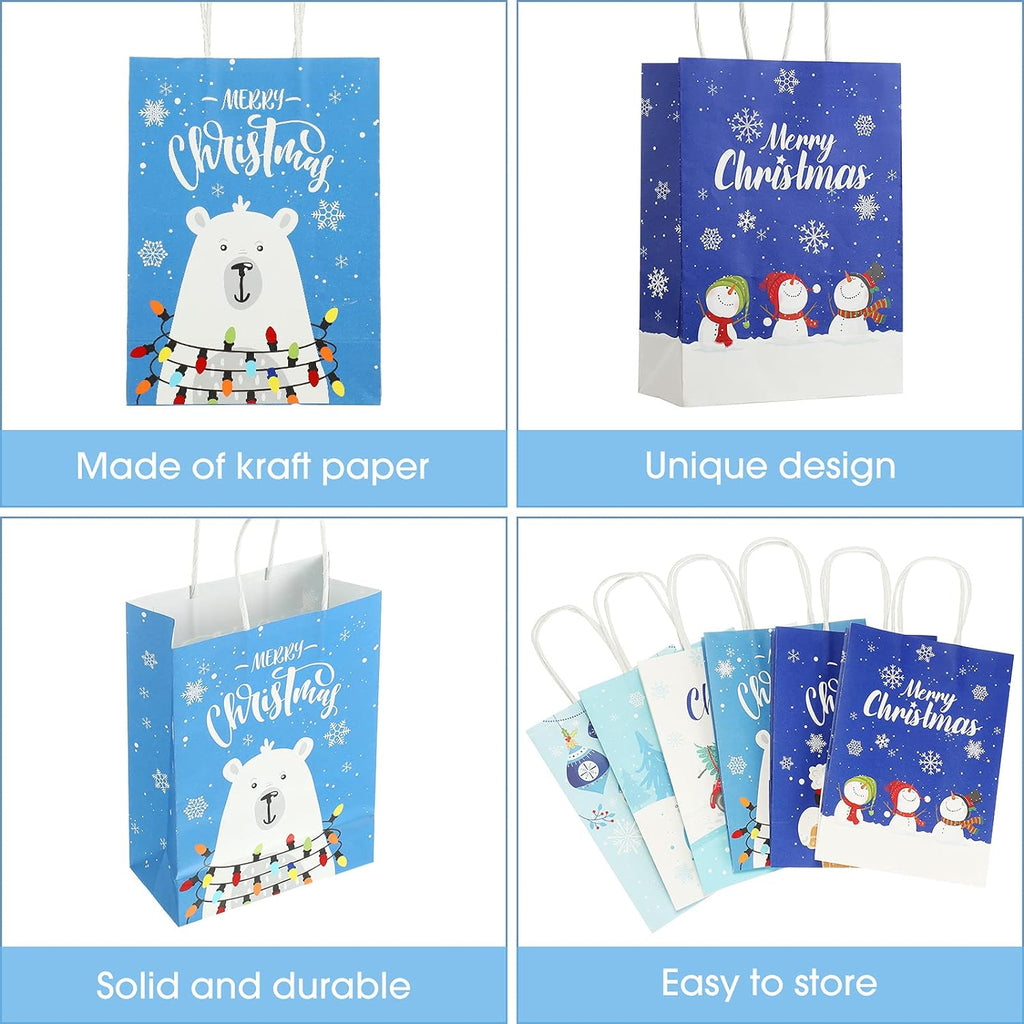 24 Pieces  Christmas Gift Bags with Handles Snowman Snowflake Christmas Tree Goody Treat Paper Bags