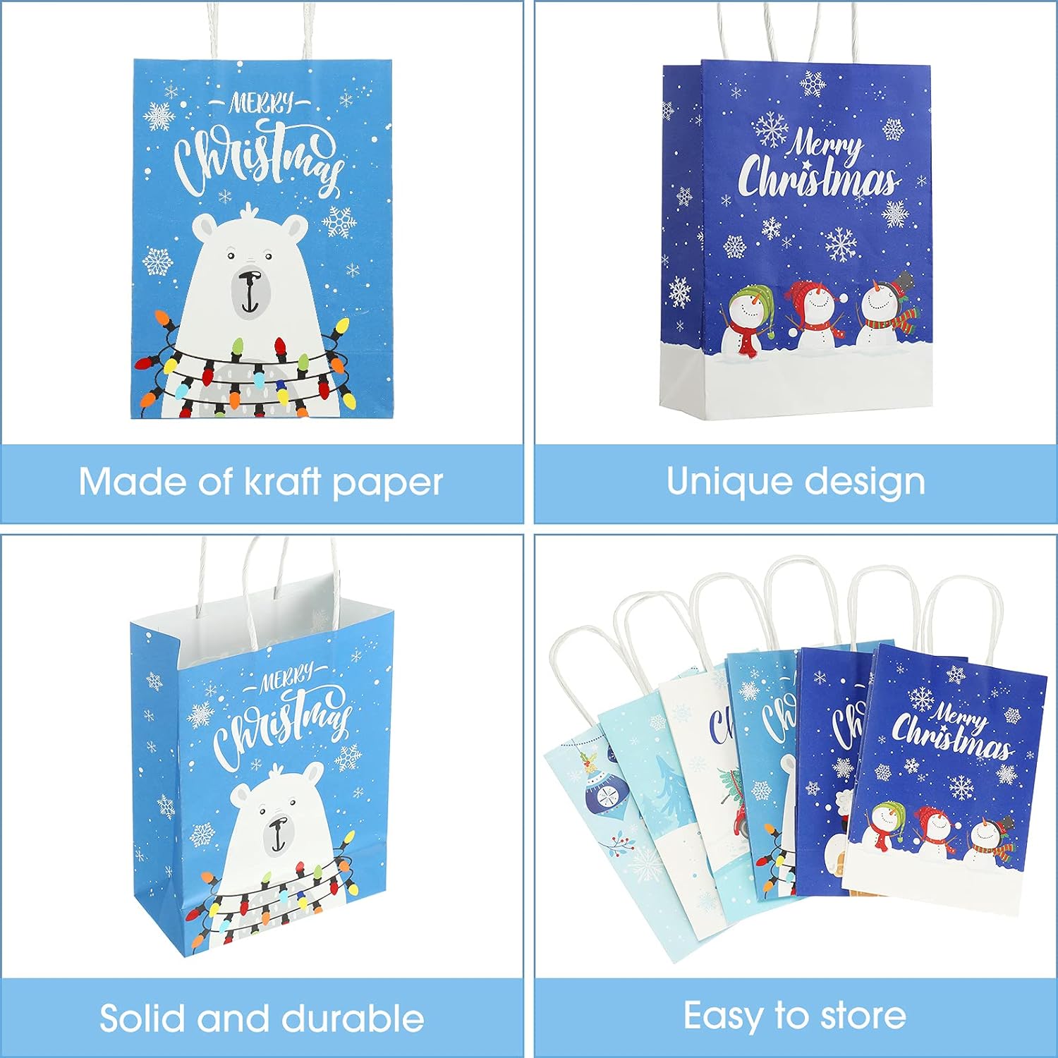 24 Pieces  Christmas Gift Bags with Handles Snowman Snowflake Christmas Tree Goody Treat Paper Bags
