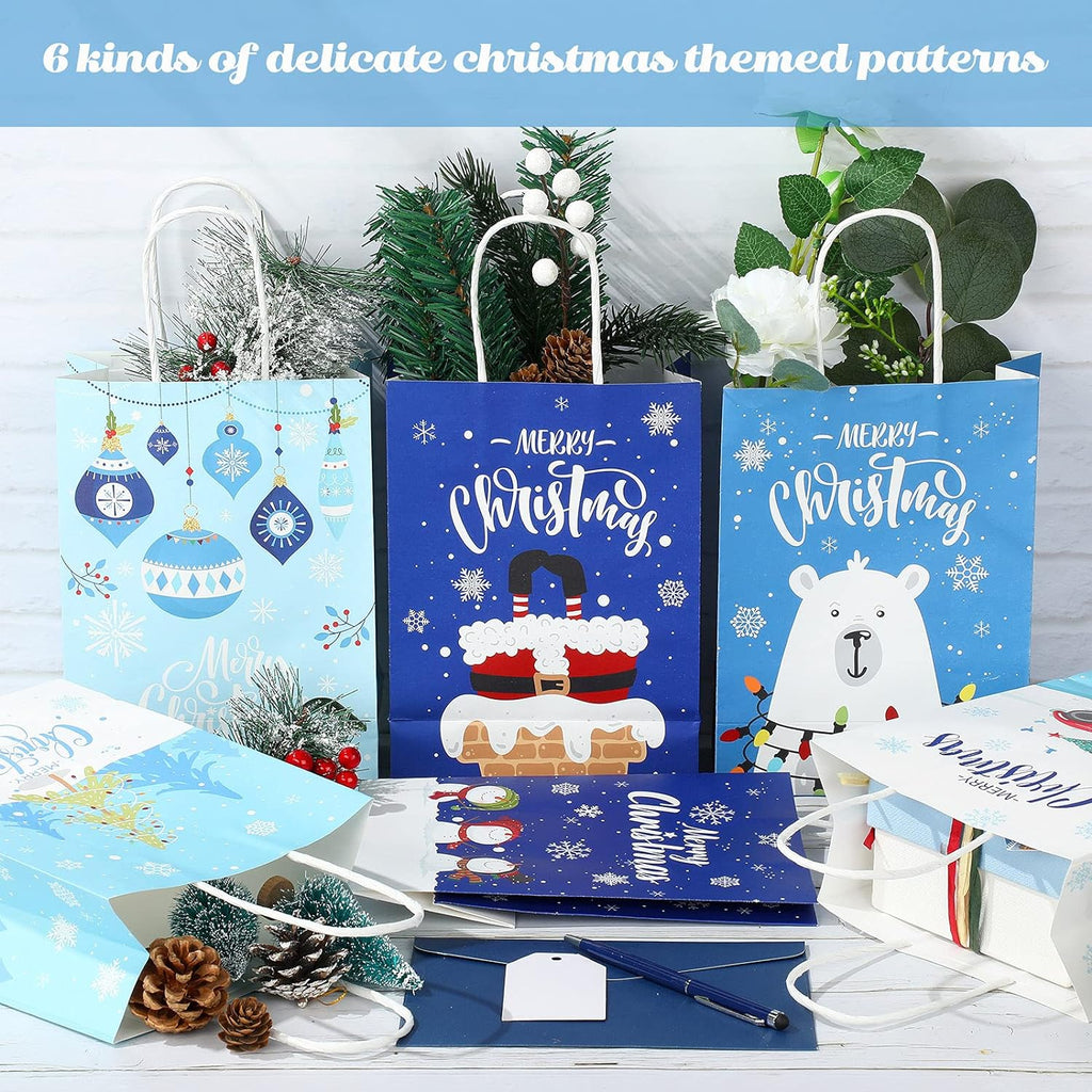24 Pieces  Christmas Gift Bags with Handles Snowman Snowflake Christmas Tree Goody Treat Paper Bags