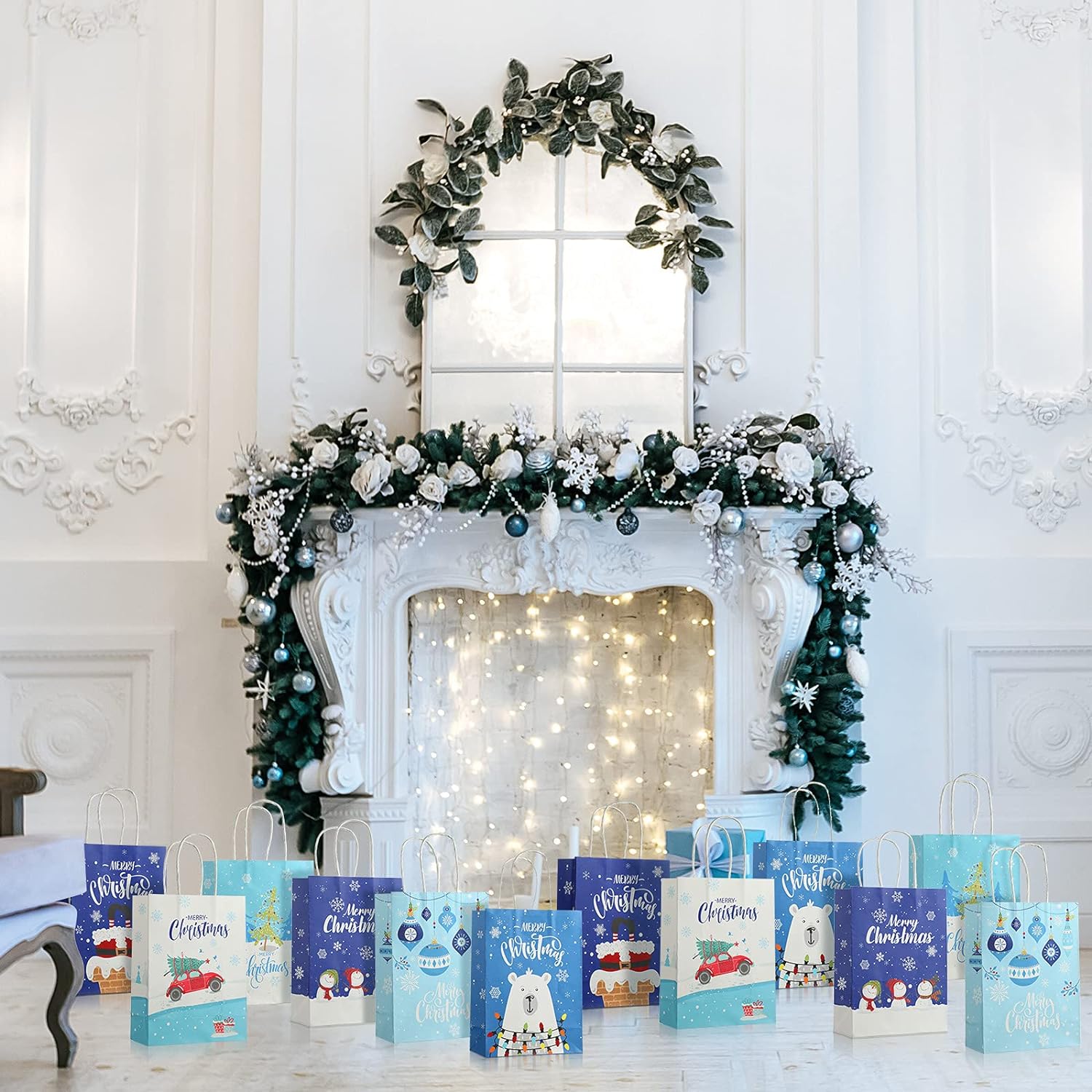 24 Pieces  Christmas Gift Bags with Handles Snowman Snowflake Christmas Tree Goody Treat Paper Bags