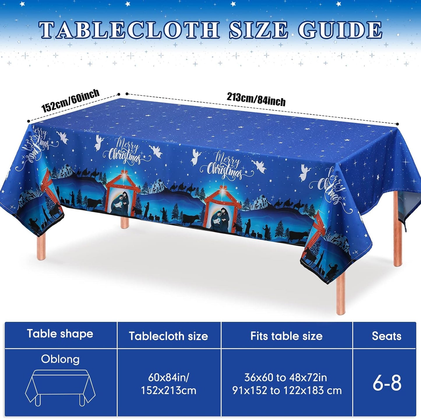 84x60 inch Christmas Tablecloth Fabric Xmas Nativity Scene Table Cover