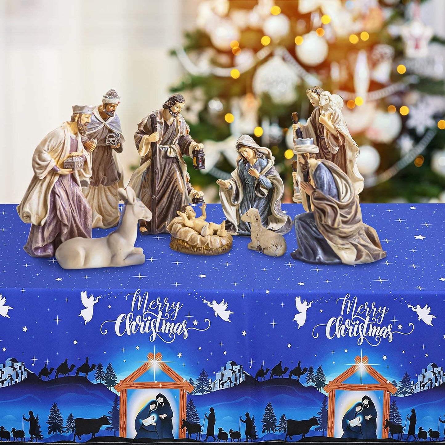 84x60 inch Christmas Tablecloth Fabric Xmas Nativity Scene Table Cover