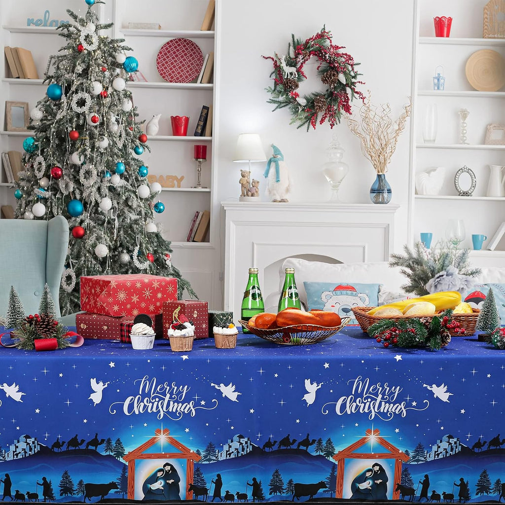 84x60 inch Christmas Tablecloth Fabric Xmas Nativity Scene Table Cover
