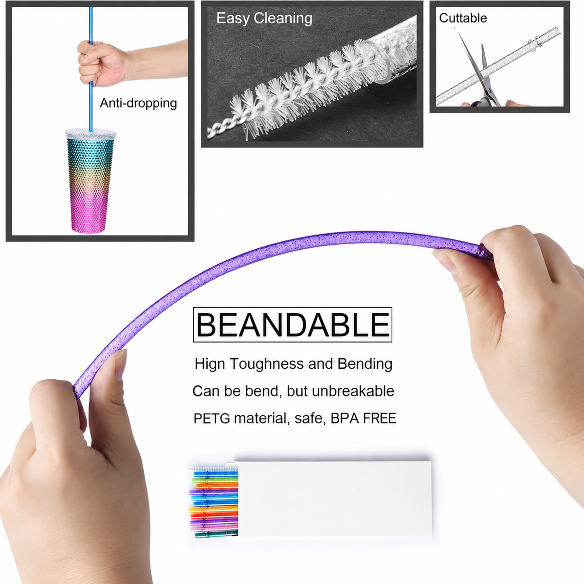12-Pack Reusable Plastic Glitter Straws, 11" Long Colorful Hard Plastic Tumbler Straws for 16 OZ 20 OZ 30 OZ Stanley, YETI, Mason Jar, Starbucks with Cleaning Brush