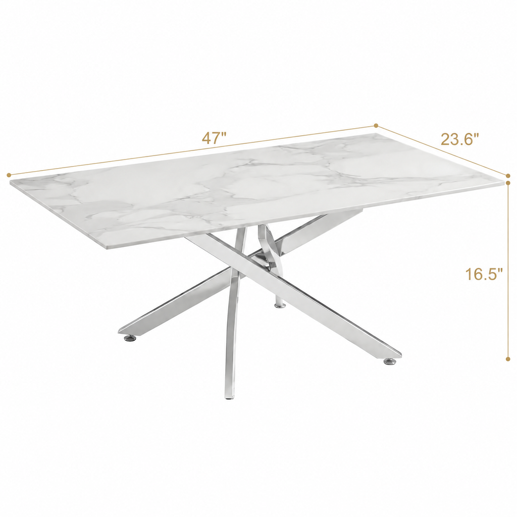 Modern Coffee Table with Marble Grain Top，White Coffee Tables with Silver Legs,Living Room Rectangular Glass Center Tables