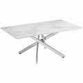 Modern Coffee Table with Marble Grain Top，White Coffee Tables with Silver Legs,Living Room Rectangular Glass Center Tables