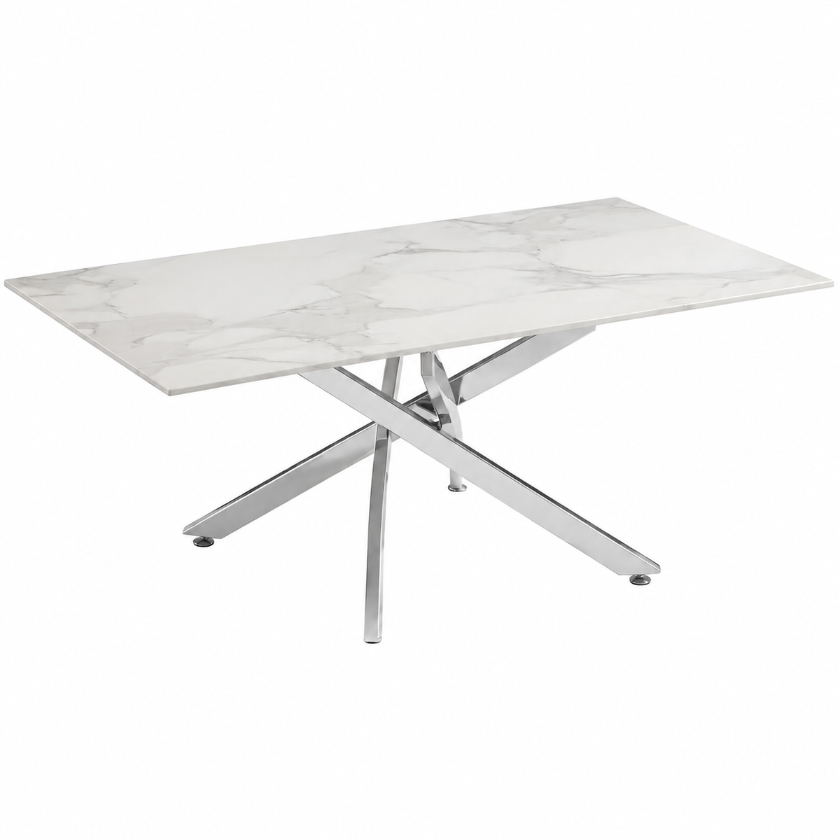 Modern Coffee Table with Marble Grain Top，White Coffee Tables with Silver Legs,Living Room Rectangular Glass Center Tables