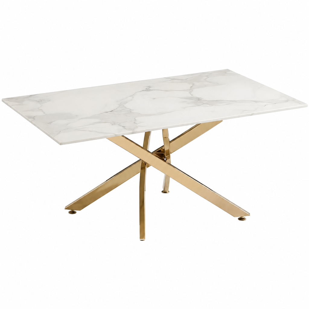 Modern Coffee Table with Marble Grain Top，White Coffee Tables with Gold Legs,Living Room Rectangular Glass Center Tables