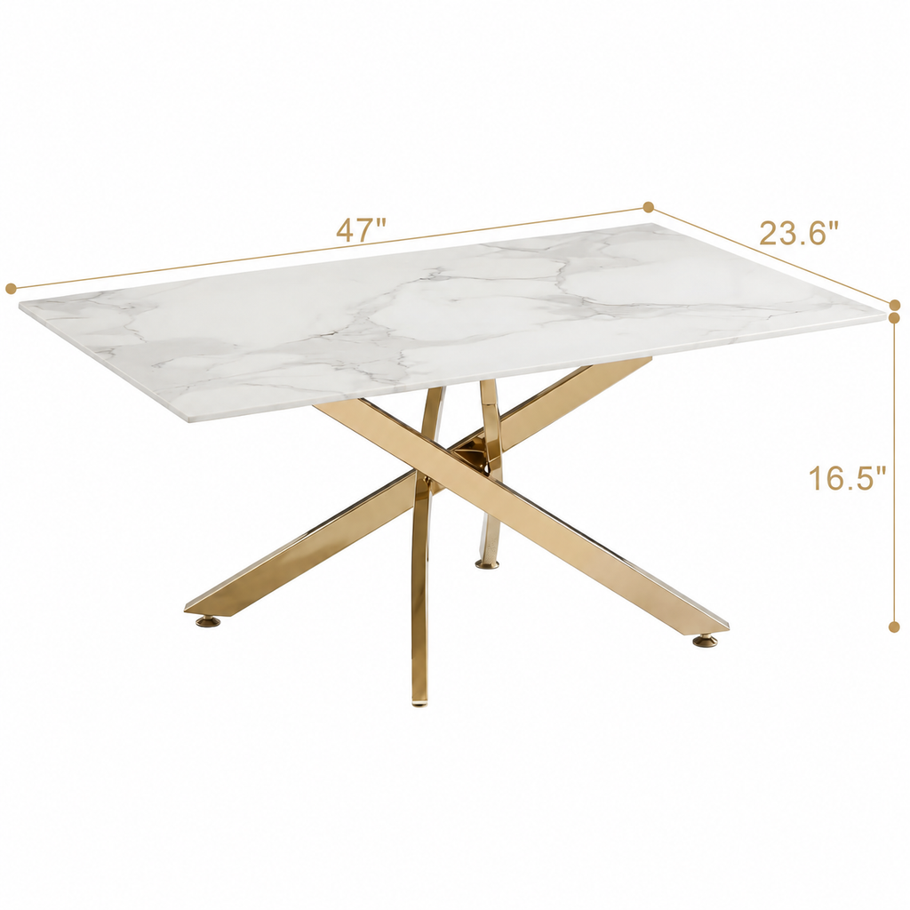 Modern Coffee Table with Marble Grain Top，White Coffee Tables with Gold Legs,Living Room Rectangular Glass Center Tables