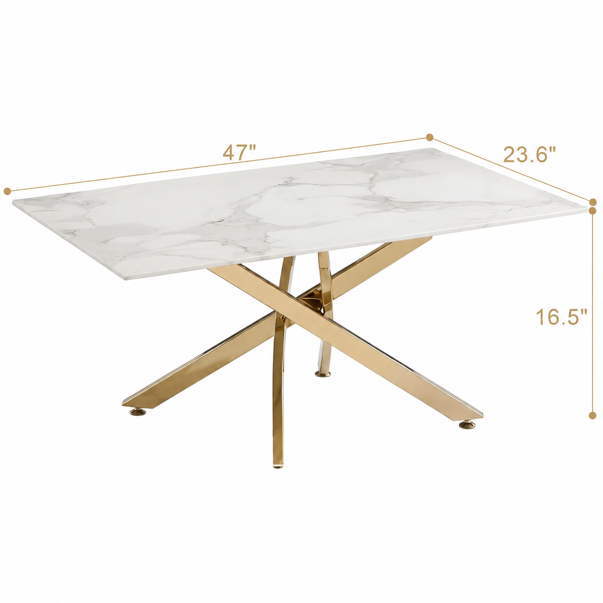 Modern Coffee Table with Marble Grain Top，White Coffee Tables with Gold Legs,Living Room Rectangular Glass Center Tables