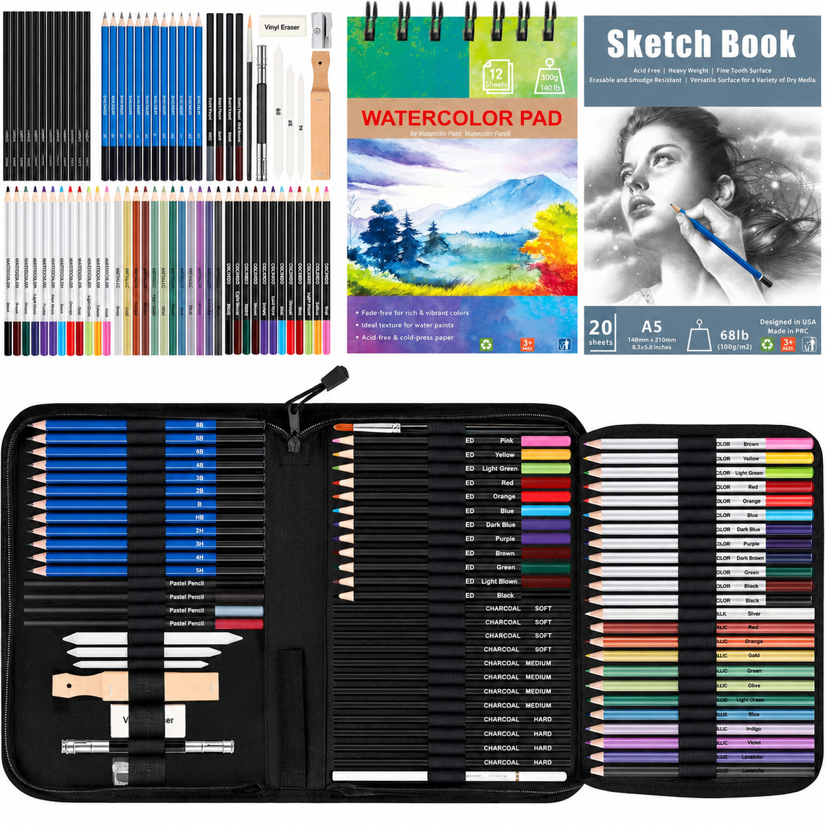 76 Drawing Sketching Kit Set - Pro Art Supplies with Sketchbook & Watercolor Paper - Include Tutorial,Pastel,Watercolor,Sketch,Colored,Metallic,Charcoal Pencils - for Artists Beginners Adults
