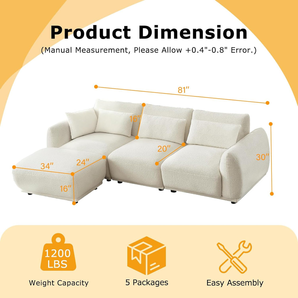 Boucle Sectional Couches for Living Room, L Shape Sofa with Removable Ottoman