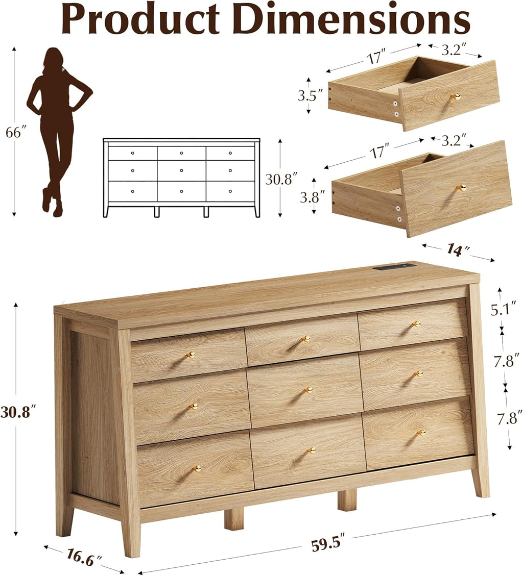 Wooden dresser with dimensions labeled on a white background
