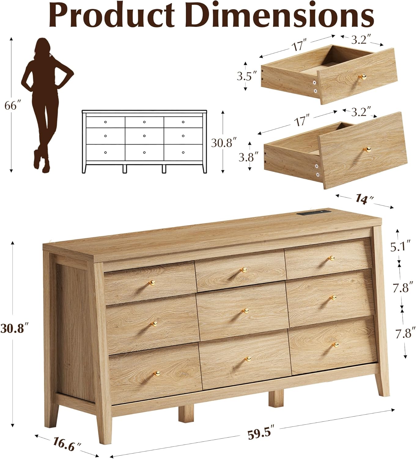 Wooden dresser with dimensions labeled on a white background
