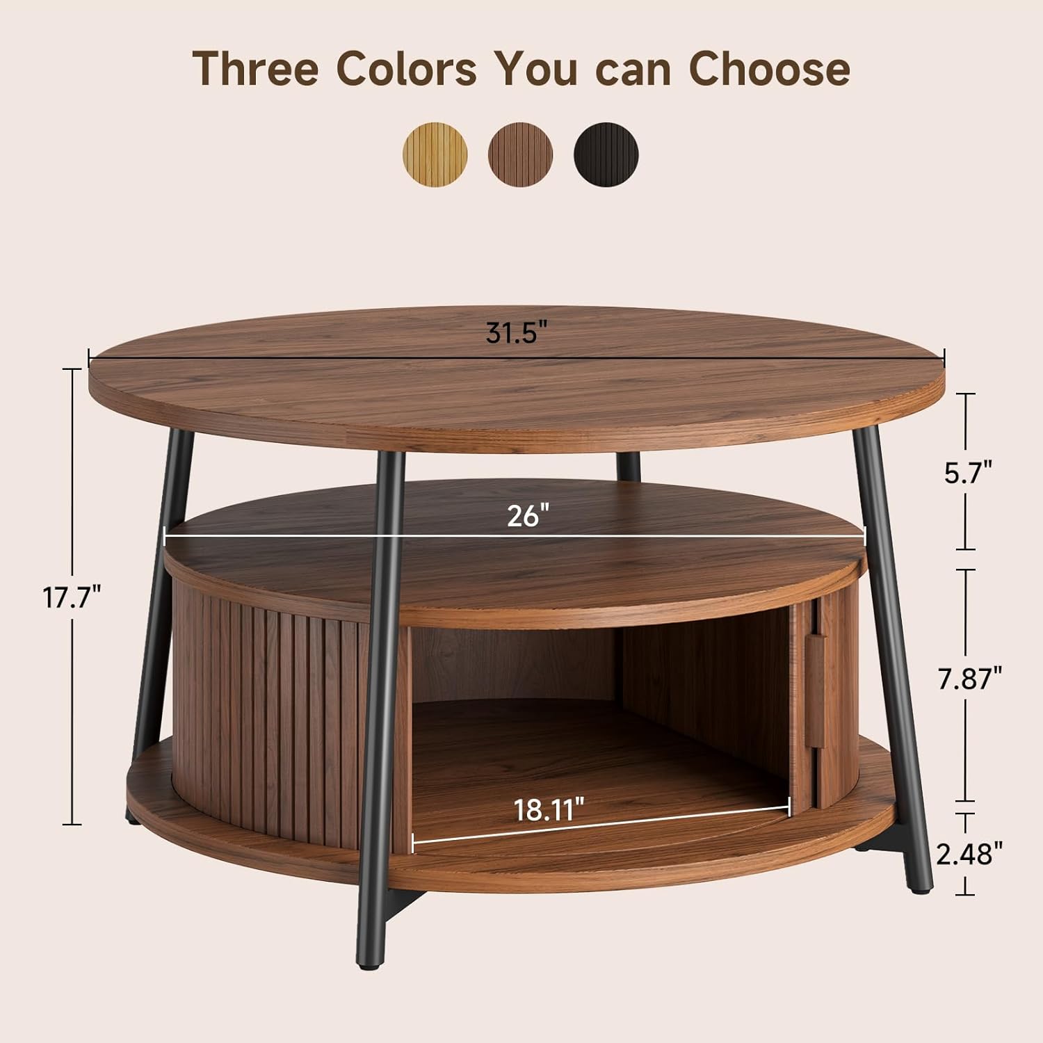 31.5 Inch Round Coffee Table with Storage, Fluted Coffee Tables with 2 Tiers